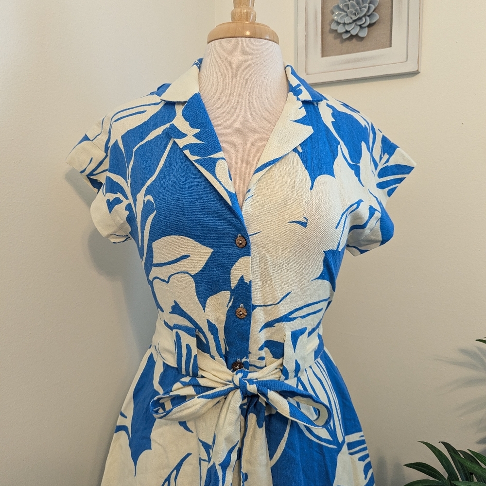 OneTheLand Tropical Floral Print Linen Button Up Mini Dress Blue White Medium - Picture 3 of 12